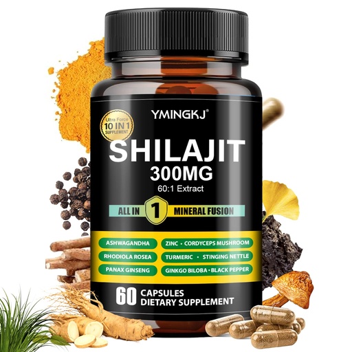 [BRSRACALC4OR4AA7] Shilajit Capsules 10 in 1 Supplement 60 Capsules - Shilajit Extract with Ashwagandha, Rhodiola Rosea, Panax Ginseng, Cordyceps, Turmeric, Ginkgo, Fulvic Acid Trace Minerals Supplement, Gluten Free