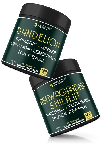[BRSRA2YPAUFRS23A] Herbpy Bundle 6in1 Dandelion Root Supplement 750mg/serving (100 Count 100 Servings) & 5in1 Ashwagandha Supplements 1010mg/serving (120 Count 60 Servings)