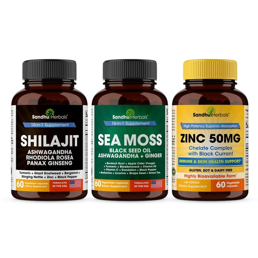 [BRSRAFLQCAFAKA3U] SANDHUHERBALS Shilajit, Sea Moss & Zinc 50mg Supplement Combo | Supports Natural Energy, Immune and Cognitive Health