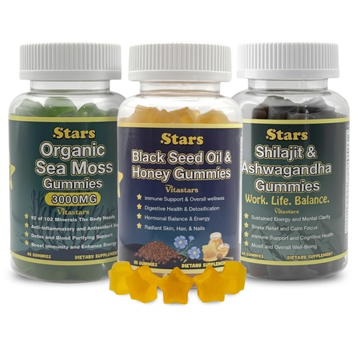 [BRSREEADOV7BMF37] Beauty, Wellness, & Clarity Pack: Black Seed Oil, Sea Moss, Shilajit & Ashwagandha Gummies for Digestive Health, Energy, and Skin Care, Antioxidant & Immune Boost for Men & Women, 3-Pack