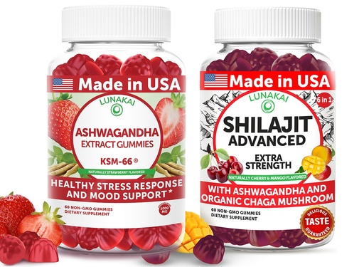 [BRSRE233B4BAMCY6] Lunakai USA Made Ashwagandha KSM-66 & Shilajit Advanced Gummies Bundle – Mood Balance & Adaptogen Support – 60 Non-GMO Gummies Each