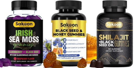 [BRSRACYNDF5AKE3P] Sakoon nutrition Black Seed Oil Gummies Bundle – Black Seed Oil, Irish Sea Moss & Shilajit – Superfood Antioxidants for Immune Support, Digestion, Joints, Hair & Skin – 3 Pack, 180 Gummies