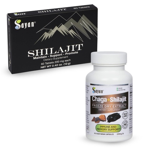 [BRSROCA2CIMQG2DZ] Sayan Shilajit Pure Natural Black Resin Mineral Tablets (60 ct.) & Siberian Chaga Mushroom Extract Capsules (90 ct.) Immune Boost Bundle - Supplement for Natural Detox, Energy, & Antioxidant Support