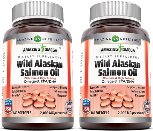 [BRSWGAYFDEIBEFL4] Amazing Omega Wild Alaskan Salmon Oil 2000mg Per Serving Softgels Supplement (180 | 2 Pack)