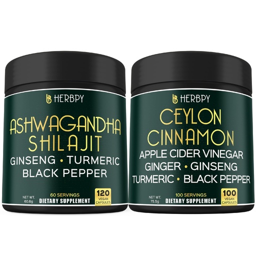 [BRSRAGAPOYNGAG3G] Herbpy Bundle 6in1 Premium Ceylon Cinnamon Capsules 755mg/serving (100 Count 100 Servings) & 5in1 Ashwagandha Supplements 1010mg/serving (120 Count 60 Servings)