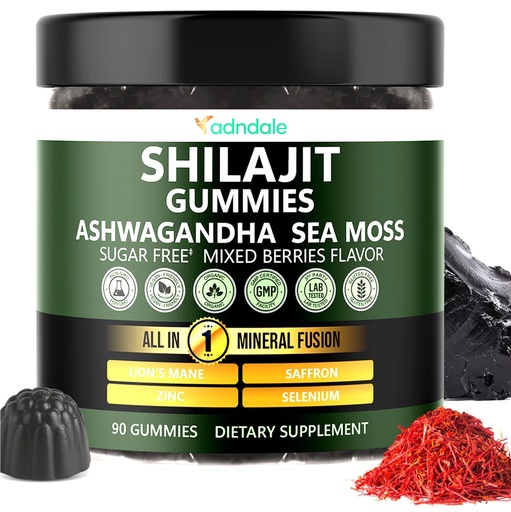 [BRSRECQOOB6BYDLD] Adndale Himalayan Natural Shilajit Gummies for Men & Women, Sugar-Free Mixed Berries Flavor - with Ashwagandha, Sea Moss, Lion’s Mane & Saffron + Zinc & Selenium - 90 Gummies (45 Servings)