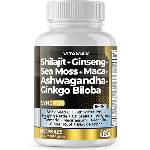 [BRSROAICBEIQI33Z] Vitamax Pure Himalayan Shilajit Supplement, Ashwagandha, Sea Moss, Rhodiola Rosea, Gingko Biloba - Fulvic Acid & Trace Mineral Capsules for Men and Women – Made in USA