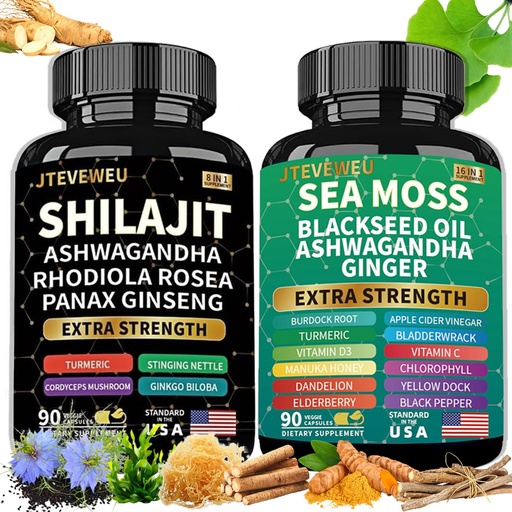 [BRSRGYA2OUJWCYA6] Shilajit and Sea Moss Ashwagandha Combo Bundle- Sea Moss, Black Seed Oil, Ashwagandha, Ginger & Shilajit, Rhodiola Rosea, All in 1 Supplements （180 Capsules）