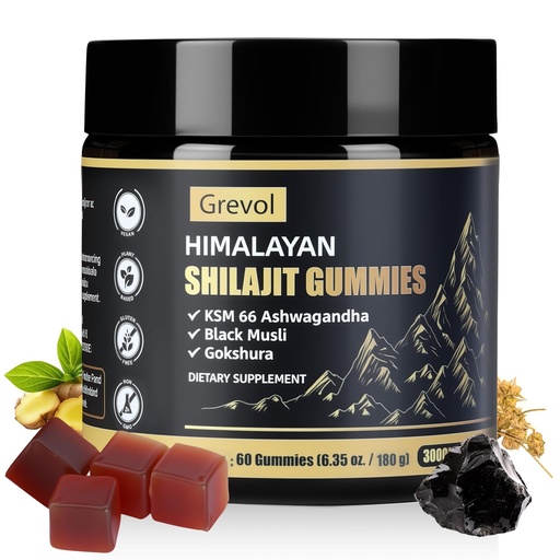 [BRSRACY7AF6AE3LH] Grevol Himalayan Shilajit Gummies with Ashwagandha - Fulvic Acid & 85+ Trace Minerals - No Added Sugar - Shilajit for Men & Women - 60 Gummy
