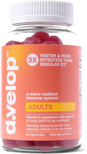 [BRSRO2YHBUIGCC3J] d.velop vitamin D Gummies for voksne - 1200 IU, 10 mg – høy potens vitamin D3 Gummies -immun støtte, bein og hjerte helse – 3X raskere og mer effektiv – ny formula, Wild Berry Flavor 60 greve