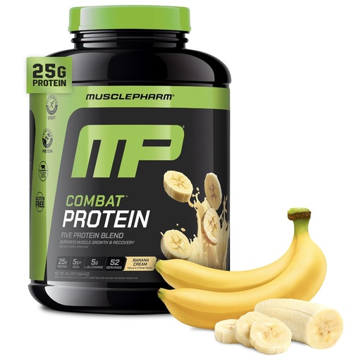 [BRSWIYIAAYCGK2DK] MusclePharm Combat Protein Powder, Banana Cream Flavor, Fuels Muscles for Productive Workouts, 5 Protein Sources including Whey Protein Isolate & Egg Albumin, Gluten Free, 4 lb, 52 Servings