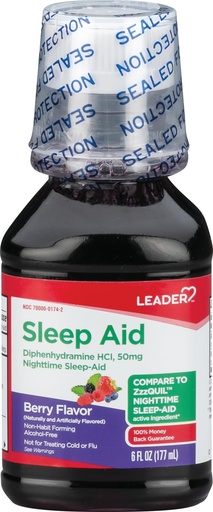 [BRSREZD2CUFGC3A3] Leader Sleep Aid, Nighttime Sleep Aid Liquid, 50 mg Diphenhydramine HCl, Fall Asleep Fast, Non-Habit Forming, Berry Flavor, 6 FL OZ (Compares to VicksZzzQuil)