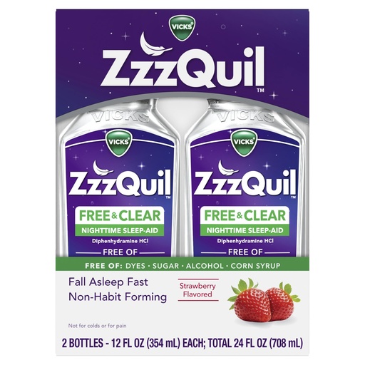 [BRSRGYL4DMJR4A3G] ZzzQuil Liquid Sleep Aid, Diphenhydramine 50mg HCI, Free & Clear, Free of Alcohol and Artificial Dyes, Nighttime Sleep Aid Liquid, Non-Habit Forming, Strawberry Flavored, 2 Pack, 24 FL OZ