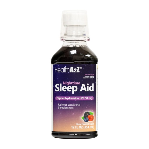 [BRSROGQTDENBGGQZ] HealthA2Z® Nighttime Sleep Aid, Diphenhydramine HCl 50mg, Berry Flavor Liquid, Fast Acting, No Pain Reliever, 12 Fl Oz