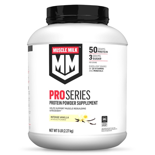 [BRSWKHYQDF7BOE3K] Muscle Milk Pro Series Protein Powder Supplement, Intense Vanilla, 5 Pound, 28 Servings, 50g Protein, 3g Sugar, 20 Vitamins & Minerals, NSF Certified for Sport, Workout Recovery, Packaging May Vary