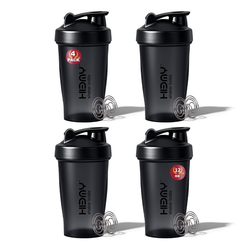 [BRSRECYZO4DW2GTP] [ 4 Pack 400 ml | 12 oz Protein Shaker Bottles for Protein Mixes, 4 x Whisk Ball | Shaker Cups for Protein Shakes | BPA Free, 100% Leak Proof | Protein Shake Bottle (B) FOUR BLACK