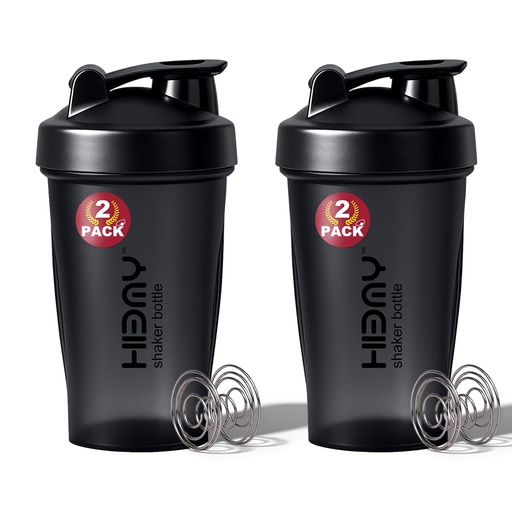 [BRSRECYEC4HWCEQ3] [ 2 Pack 400 ml / 12 OZ Protein Shaker Bottles for Protein Mixes, 2 x Whisk Ball | Shaker Cups for Protein Shakes | BPA Free, 100% Leak Proof, No Smell | Small Shake Bottle (B) Black/Black