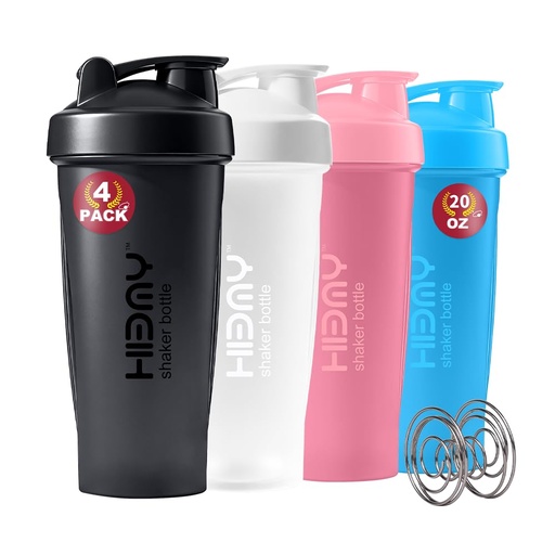 [BRSRECAPBN7BODI2] [ 4 Pack 600 ml | 20 oz Protein Shaker Bottles for Protein Mixes, 4 x Whisk Ball | Shaker Cups for Protein Shakes | BPA Free, 100% Leak Proof | Shake Bottle (A) Black/White/Pink/Blue