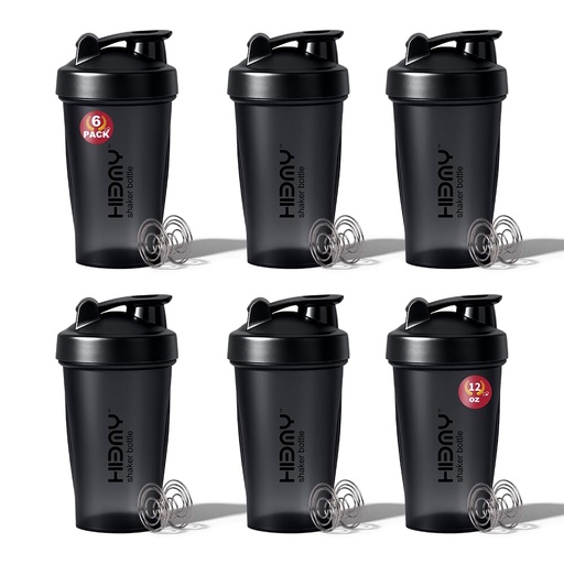 [BRSRECYZPNYBSGTG] [ 6 Pack 400 ml | 12 oz Protein Shaker Bottles for Protein Mixes, 6 x Whisk Ball | Shaker Cups for Protein Shakes | BPA Free, 100% Leak Proof, No Smell | Protein Shake Bottle (B) Six Black