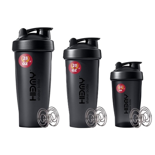 [BRSRECABOAAQG3DG] 3-Pack [ 12oz / 20oz / 28oz ] Protein Shaker Bottles for Protein Mixes, 3 x Whisk Ball | Shaker Cups for Protein Shakes | BPA Free, 100% Leak Proof | Protein Shake Bottle (A) Three Black