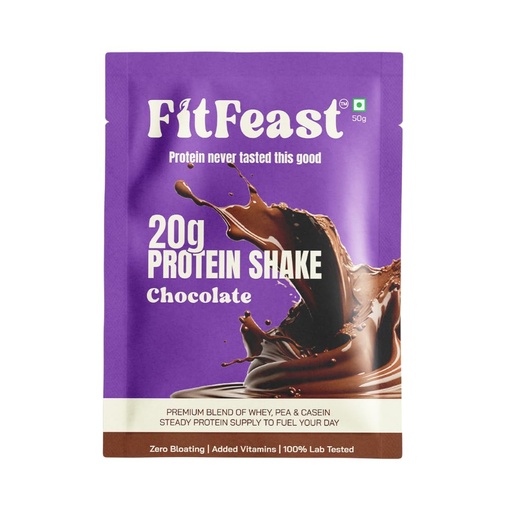 [BRSRGZANDMGWMFLB] Protein Shake Sachet, 20g Triple Blend Whey Pea Casein Protein Powder, Chocolate, 0 Added Sugar, No Maltodextrin, Pack of 14
