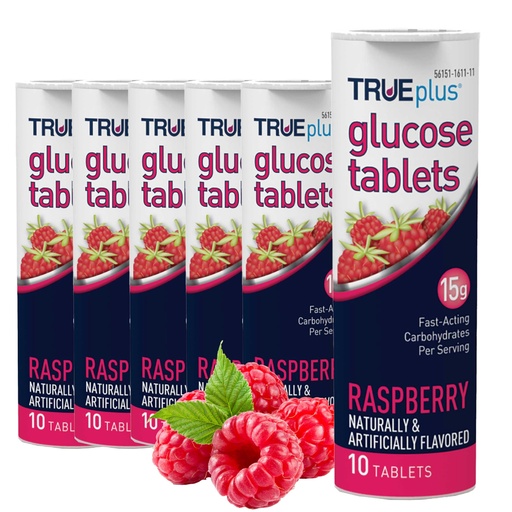 [BRSWYY34PN7QYC3P] TRUEplus Glucose Tablets, Chewable, Raspberry Flavor, 15g Fast-Acting Carbohydrates, Fat Free, Gluten Free, Boost Energy, 10 Count, 6 Tubes