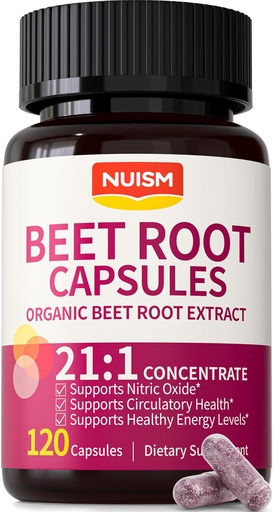 [BRSRGFD3AF4AACLX] Organic Beet Root Capsules - Beetroot Extract 17850mg 21:1 Concentrate Beets Supplements for Nitric Oxide, Healthy Blood Pressure, Blood Flow Circulation, Energy Gluten-Free 120 Powder Caps