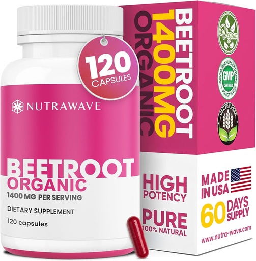 [BRSRMZICBMCQ4A3O] Nutra Wave 1400mg Organic Beet Root Capsules Per Serving – Nitric Oxide Booster for Men – Supports Blood Pressure, Energy, Circulation & Heart Health – Non-GMO, Vegan – 120 Capsules / 60 Day Supply