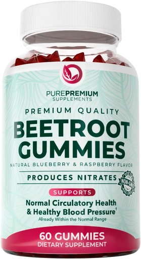 [BRSROCY5BN6A423G] PurePremium Beet Root Gummies - 60 Sugar Free Chews - Nitric Oxide Beetroot Gummies | Natural Blueberry Flavor - Supplements for Normal Blood Pressure – 1 Month Supply