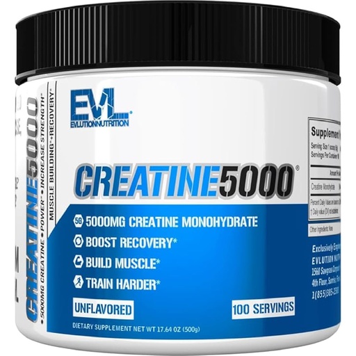 [BRSWGFQ7BYGRGA35] Evlution Nutrition Creatine 5000 - Supports Faster Recovery, Lean Muscle Growth & Performance - Pre & Post Workout Powder - 5000mg Pure Creatine Monohydrate Per Serving - 100 Servings - Unflavored