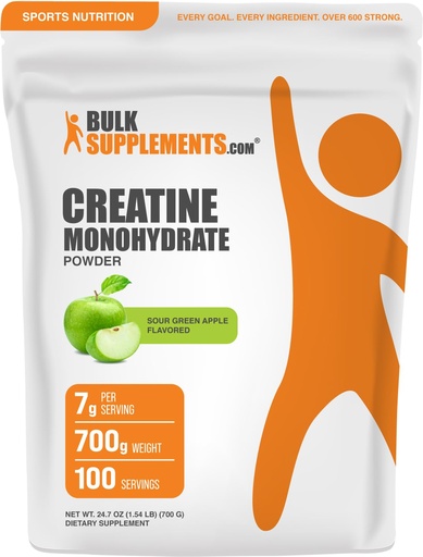 [BRSRAA33CQMAMADD] BulkSupplements.com Creatine Monohydrate Powder - Creatine Flavored Powder Supplement, Micronized - Sour Green Apple Flavor, 7g per Serving, 700g (1.5 lbs) (Pack of 1)