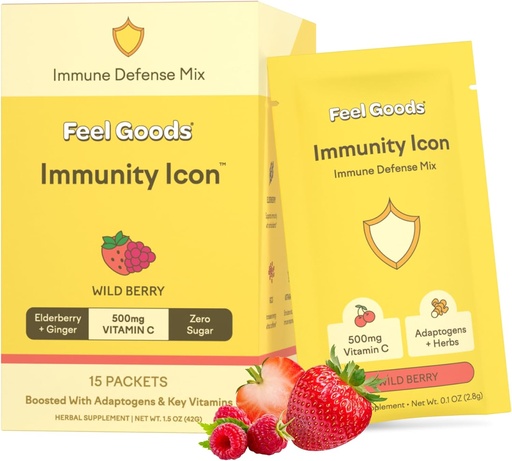 [BRSRMGQRABYROHLB] Feel Goods Immunity Icon, Zero Sugar, Vitamin C, A, B, D, E & Zinc, Organic Elderberry, Ashwagandha, Drink Mix Powder, Vegan, Non GMO, Caffeine & Gluten Free | Wild Berry, 15 Count