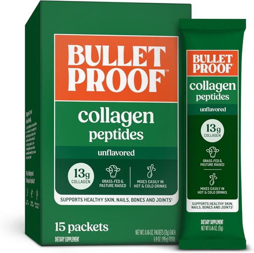 [BRSWGGQHDMBGCG36] Bulletproof Unflavored Collagen Peptides Powder Packets, Pack of 15, Grass-Fed Collagen Protein and Amino Acids for Skin, Bone and Joint Support, Pasture Raised, No Added Hormones