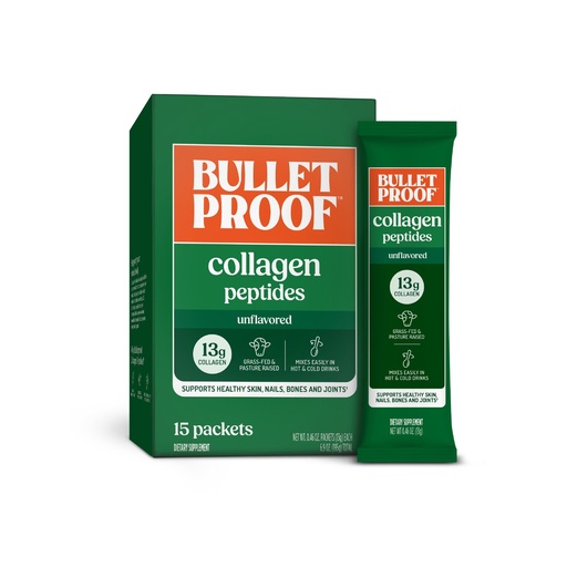 [BRSWGGQHDMBGCG36] Bulletproof Unflavored Grass-Fed Collagen Peptides Powder Packets with Amino Acids for Skin, Bone and Joint Support, Pasture Raised, No Added Hormones, Pack of 15