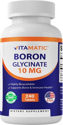 [BRSROCAEPIAWEEQU] Vitamatic Chelated Boron (as Glycinate) 10mg 240 Tablets - Supports Hormone Balance, Bone Health & Connective Tissue