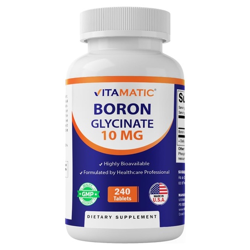 [BRSROCAEPIAWEEQU] Vitamatic Chelated Boron (as Glycinate) 10mg 240 Tablets - Supports Hormone Balance, Bone Health & Connective Tissue
