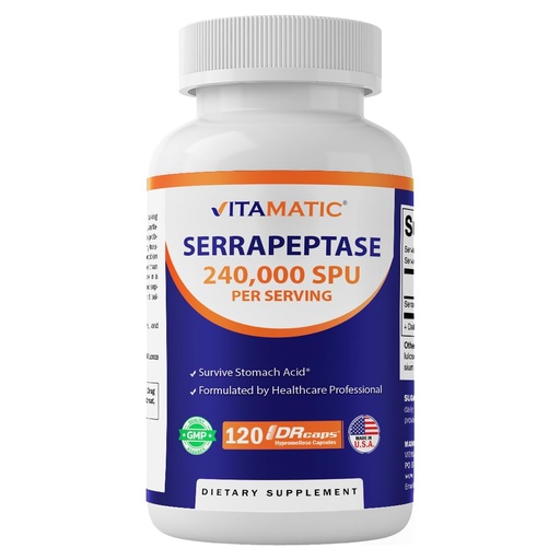 [BRSROHQ3OQFQI2TX] Vitamatic Serrapeptase 240,000 SPU Servings, 120 Delayed Released Capsules - Enteric Coated - Non-GMO- Made in the USA (120 Count (Pack of 1))