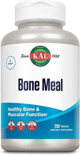 [BRSWIGQMC4JRQF3K] KAL Bone Meal Tablets, Calcium Supplement w/Magnesium, Vitamin D3 and K, Bone Health, Muscle and Nerve Function Support, Rapid Disintegration, Gluten Free, Non-GMO, 60-Day Guarantee, 125 Serv, 250ct