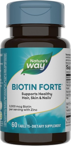 [BRSWIYQHDIHGGE3K] Nature's Way Biotin Forte, unterstützt gesundes Haar, Haut und Nägel*, 3000 mcg Biotin per Servieren, mit Zink, Vitamin C, B-Vitamins, 60 Tabletten (Packaging May Vary)