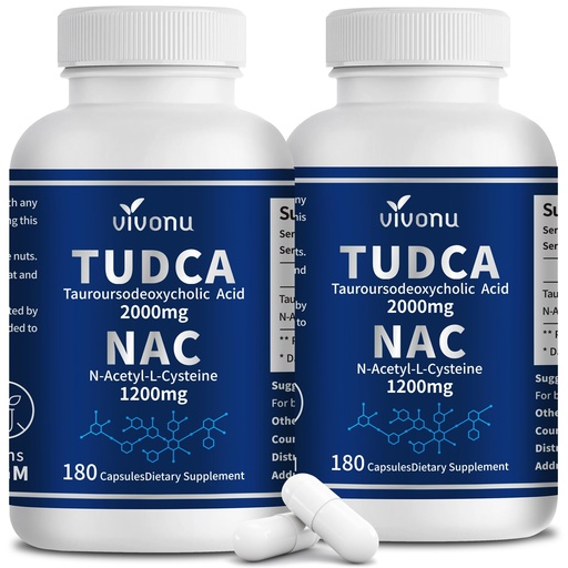 [BRSRGBAYCIPR4H3L] VivoNu TUDCA 2000mg + NAC 1200mg Supplement Complex Capsules, Powerful TUDCA Bile Salt + N Acetyl Cysteine, Antioxidant Supplements for Liver & Lung& Gallbladder Cleanse, Digestion - 180 Capsules