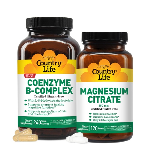 [BRSRAFIBOJ5BME3J] Country Life Coenzyme Vitamin B Complex Caps 240 Capsules and Magnesium Citrate 250 mg, 120 Tablets Bundle