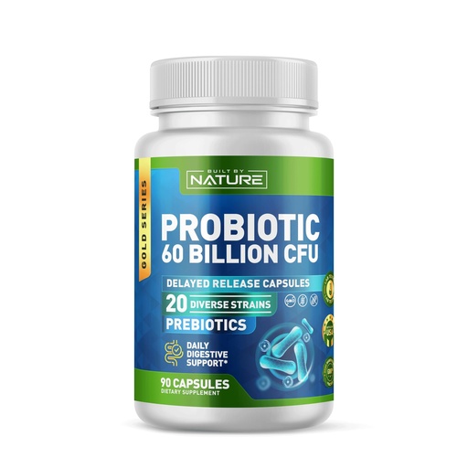 [BRSRACQ3AF6BU3L7] Built by Nature Probiotic 60 Billion CFU – 20 Strains + Prebiotics – Immune & Digestive Support – for Women & Men – Delayed Release Capsules, Shelf Stable – 3 Month Supply - 90 Capsules