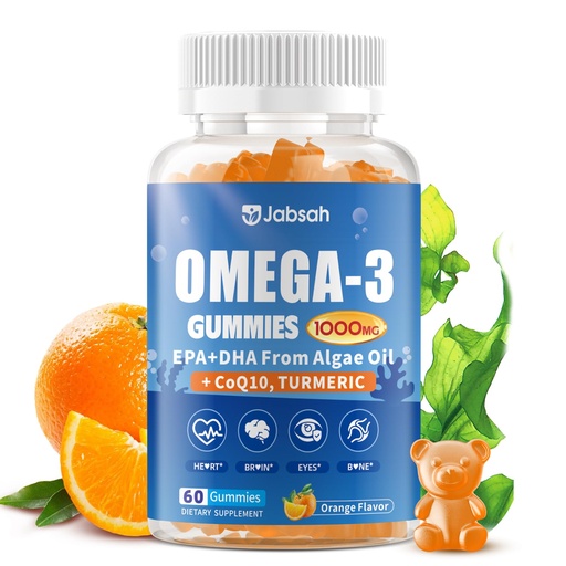 [BRSRECQOAANWCGY4] Vegan Omega-3 Gummies 1000mg from Algae Oil (DHA 460mg & EPA 230mg), Omega 3 Fish Oil Alternative for Adults, Plus Turmeric & CoQ10 for Brain, Eye & Immune Health, No Fishy Taste, Sugar Free, 60 Cts