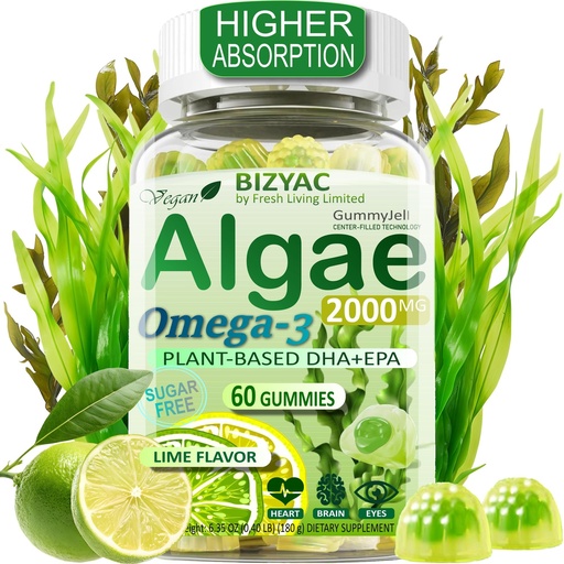 [BRSREBQRCMMGYCLK] Algae Gummies, Omega 3 Gummies 2200mg from Algae Oil | DHA 640mg & EPA 290mg| Vegan | for Women & Men | CoQ10 | Astaxanthin | Vitamin A, E, D3 for Brain, Eye, Antioxidant, Sugar Free, 1Pack