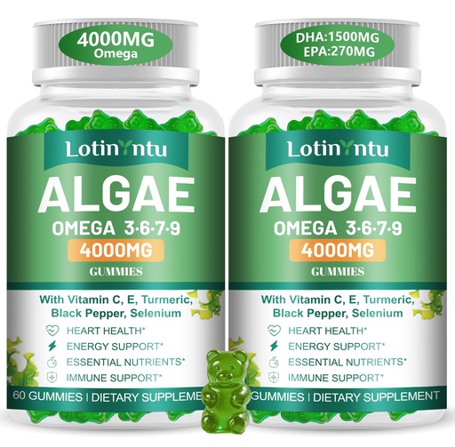 [BRSRGGDQOEARYYL4] 2 Pack Algae Omega 3-6-7-9 + DHA:1500MG & EPA:270MG from Algal Oil 4000mg,High Absorption with Vitamin C,E,Turmeric, Black Pepper & Selenium,Plant-Based,for Supports Heart, Brain & Immune Wellness