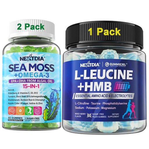 [BRSRGEL3AQFQKDLL] Bundle: Sea Moss Gummies + Algae Omega-3 for Men Women 2 Pack & Hmb and L-Leucine Gummies + Electrolyte for Men & Women 1 Pack