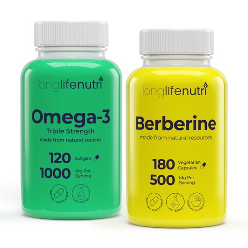 [BRSREFQRAEPBA23K] LongLifeNutri Omega-3 Fish Oil 1000 mg (120 Softgels) & Berberine HCl 500 mg (180 Vegan Caps) Bundle – 4–6 Month Supply, High EPA/DHA Omegas & Botanical Alkaloid, Non-GMO, GMP Certified, Made in USA