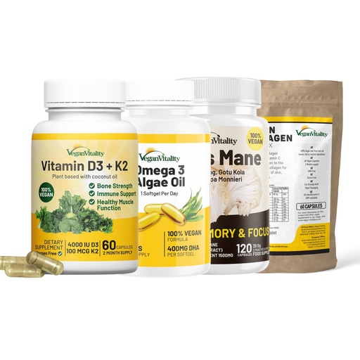 [BRSRAGAEAV4BYFL7] Vegan Vitality Skin & Brain Bundle, 2 Months Supply - D3 K2, Lion's Mane, Omega 3 Algae Oil, and Vegan Collagen