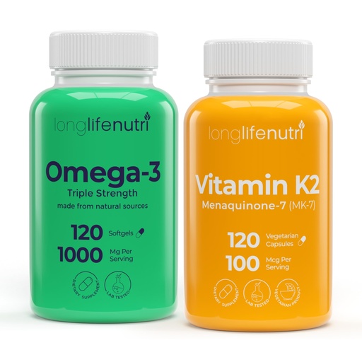 [BRSREFQTOF7WO3LH] LongLifeNutri Omega-3 Fish Oil 1000 mg & Vitamin K2 MK-7 100 mcg Bundle – 120 Softgels + 120 Veg Capsules, 4 Month Supply, High EPA/DHA Omegas & Bone Support, Non-GMO, GMP Certified, Made in USA