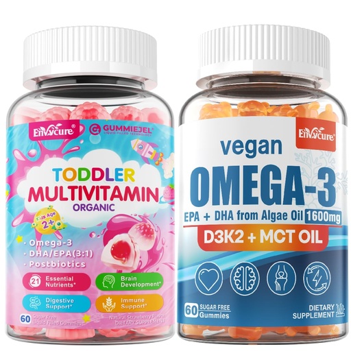 [BRSREBAPAUHRS33K] Vegan Omega 3 Gummies 1280mg + Vitamin D3 K2 (MK7) + Organic Toddler Multivitamin Gummies + Omega-3 (DHA/EPA), Postbiotics 3 Pack